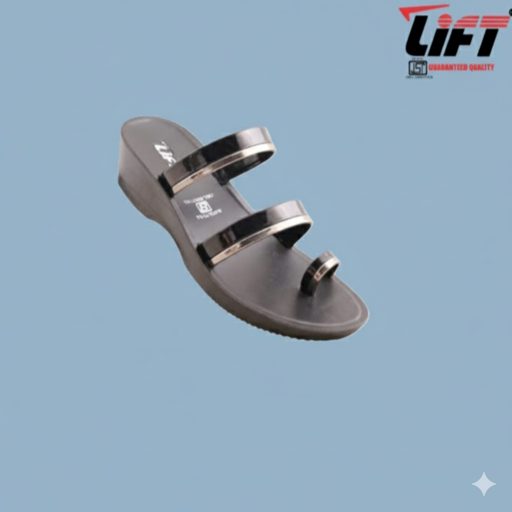 Lift Women’s Black Triple-Strap Stylish Toe-Ring Wedge Sandal
